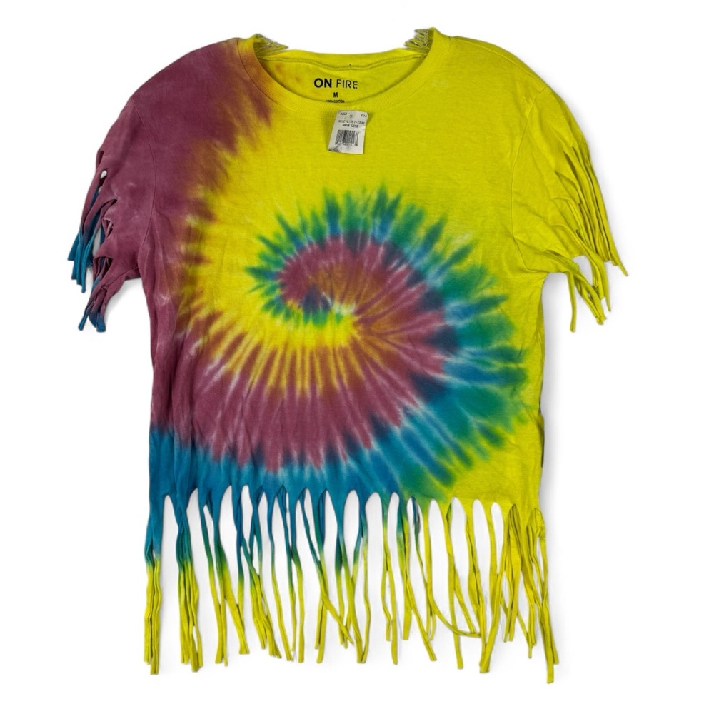 On Fire Brand SISTAS Neon Lime Tie Dye Fringed Short Sleeve T-Shirt Size Medium